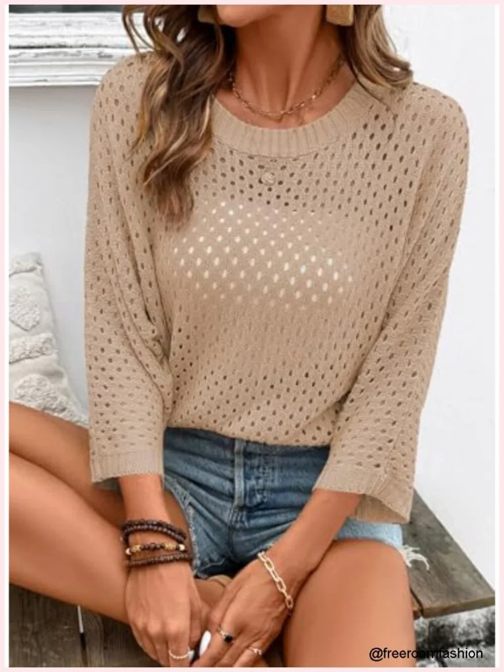 Crochet Crew Neck 3/4 Sleeve Pullover Sweater